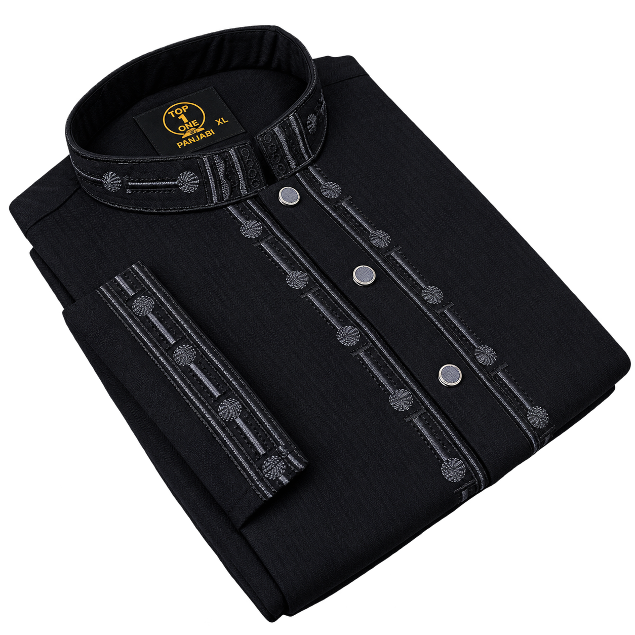 Black Herringbone Cotton Embroidery Panjabi