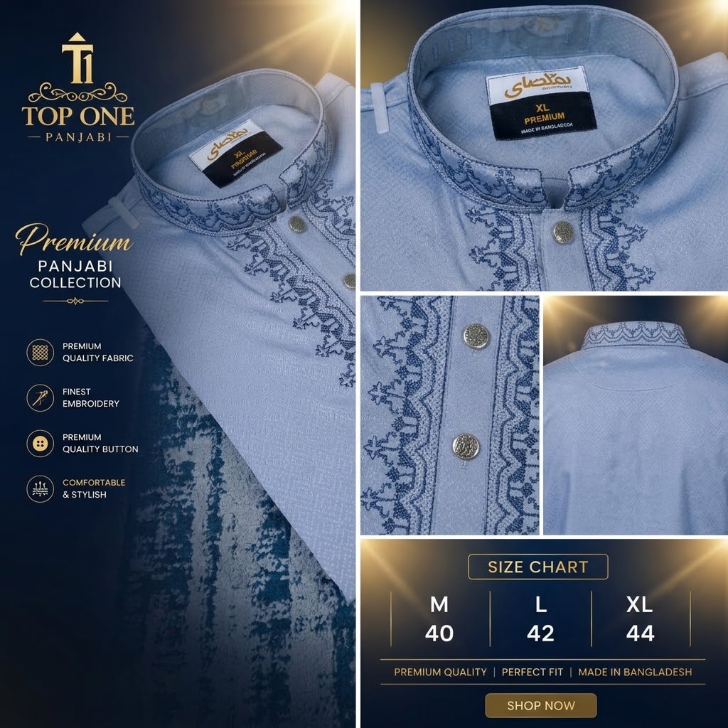 Premium Sky Blue Embroidered Cotton Panjabi by Top One Panjabi
